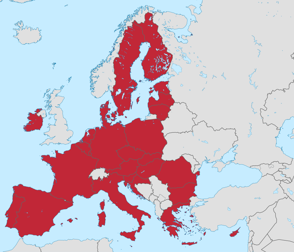 This file is licensed under the Creative Commons Attribution-Share Alike 3.0 Unported license attribution: TUBS at https://commons.wikimedia.org/wiki/File:European_Union_in_Europe_%28red_marker%29_%28-rivers_-mini_map%29.svg