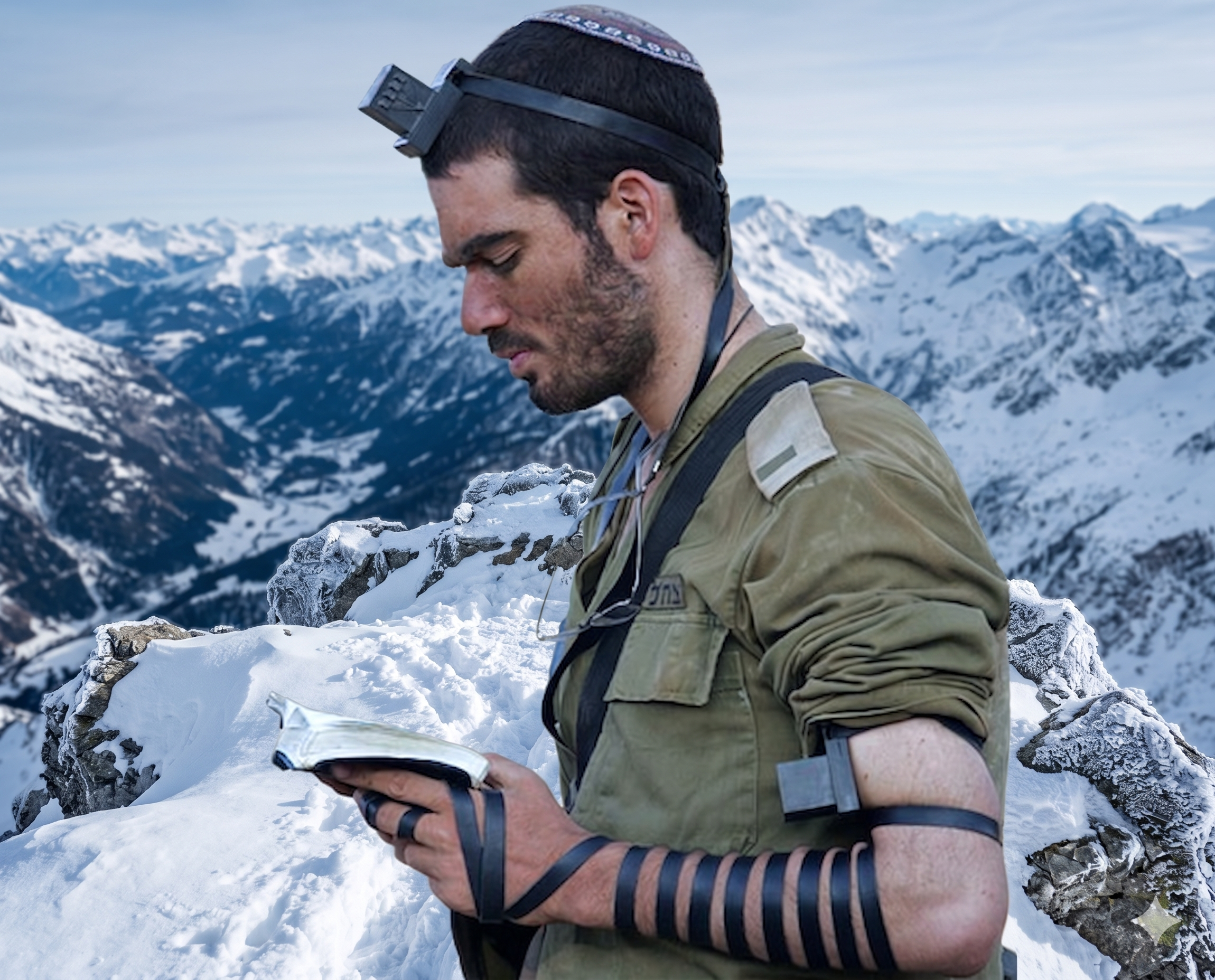 Gemini-generated-image IDF soldier wearing tefillin in the snow
